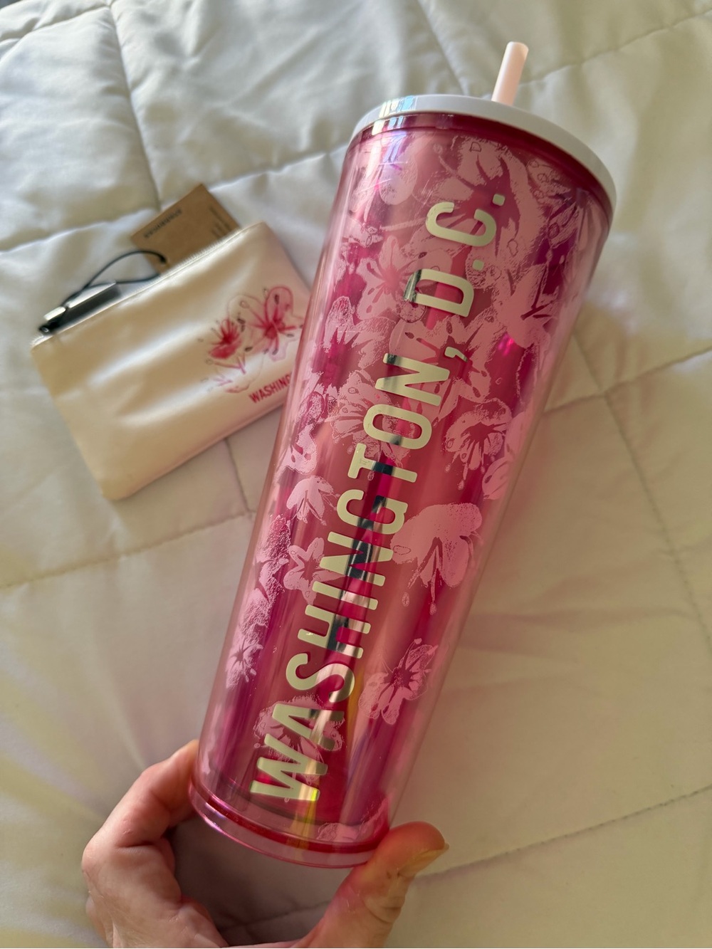 Starbucks Washington D.C. Pink Floral Tumbler with Straw & change purse